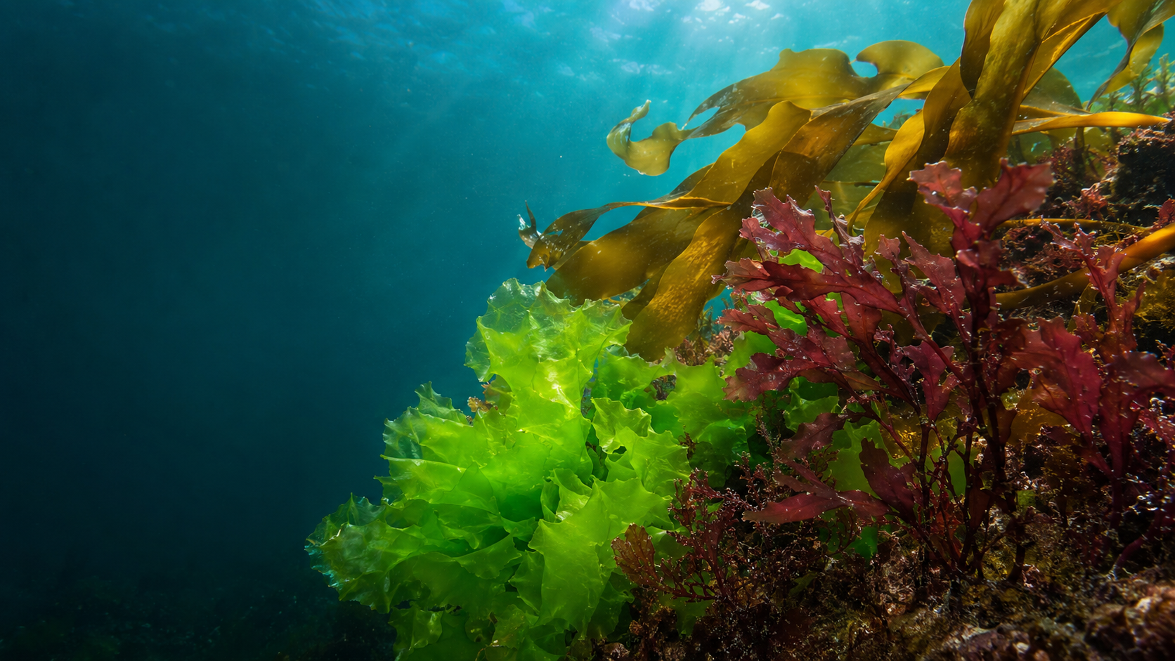 Green, red and brown seaweeds growing naturally in seawater